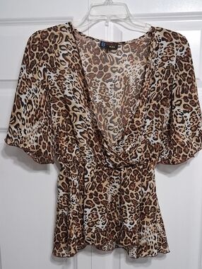 B. Famous Leopard Print Surplice Blouse - Brown/Beige
